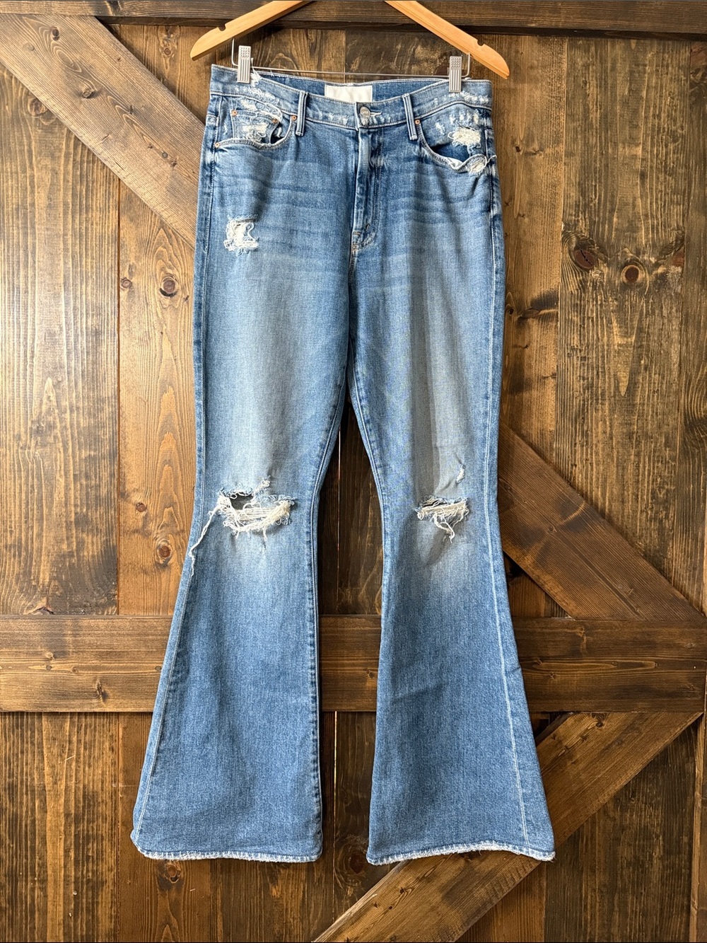MOTHER Blue Distressed Flare Jeans - Picture 2 of 15